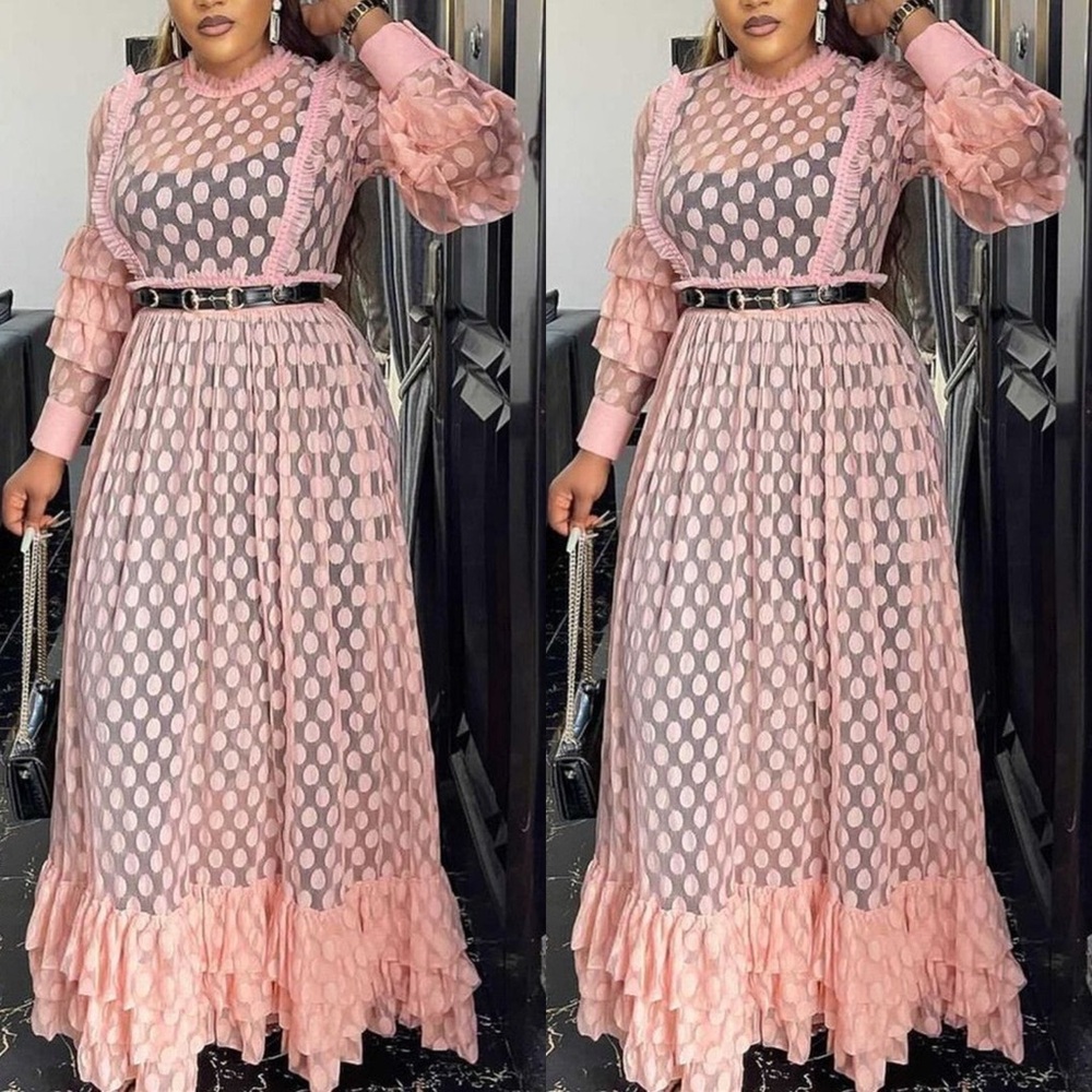 Elegant Pink Polka Dot Maxi Dress
